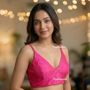 Custom Pink Silk Saree Blouse: V-Neck Crop Top for Weddings