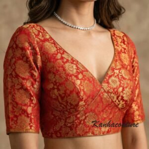 Custom Brocade Deep Neck Blouse: Elegant Gold Zari Floral Design