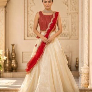 Elegant Red Lehenga Choli with Backless Blouse & Tassels