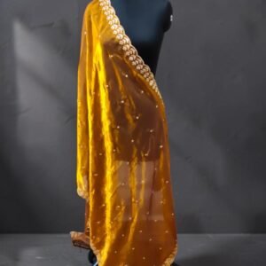 Mustard Gold Scallop Dupatta | Sheer Organza Festive Scarf