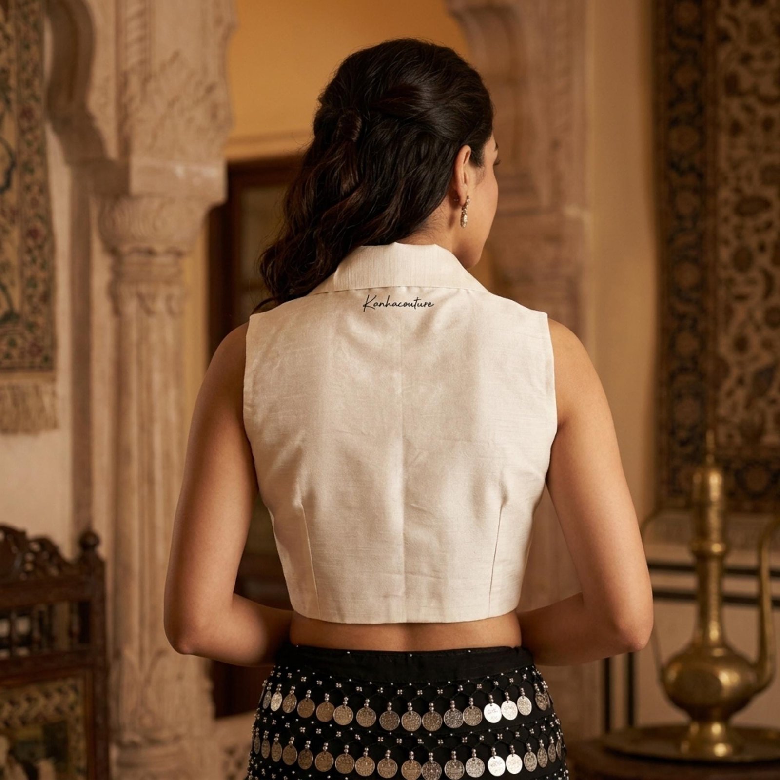 White Raw Silk Saree Blouse (Design 3) – Custom Made to Measure - Image 2