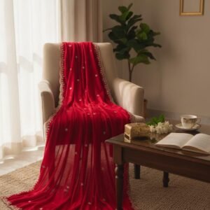 Embroidered Cherry Red Organza Dupatta | Bridal Ethnic Stole