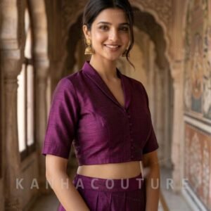 Plum Purple V-Neck Saree Blouse - Custom Silk Blend Top