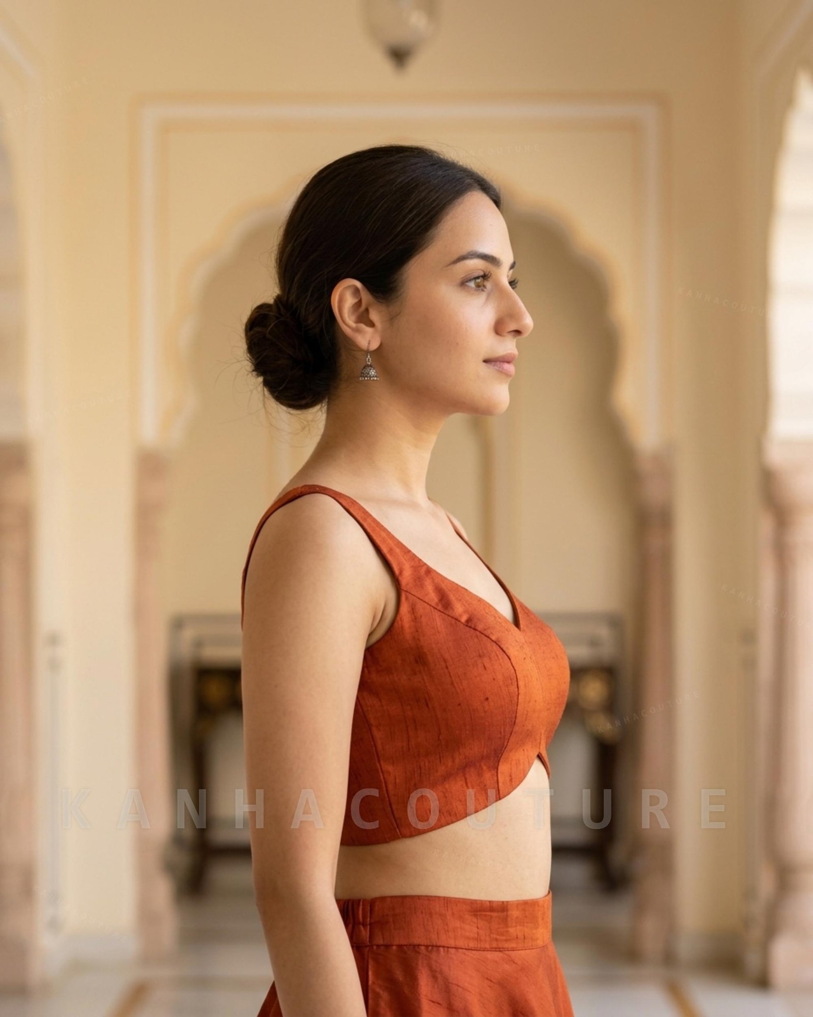 Rust Orange Raw Silk V Neck Blouse for Indian Wedding Festivities - Image 4