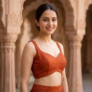 Rust Orange Raw Silk V Neck Blouse for Indian Wedding Festivities