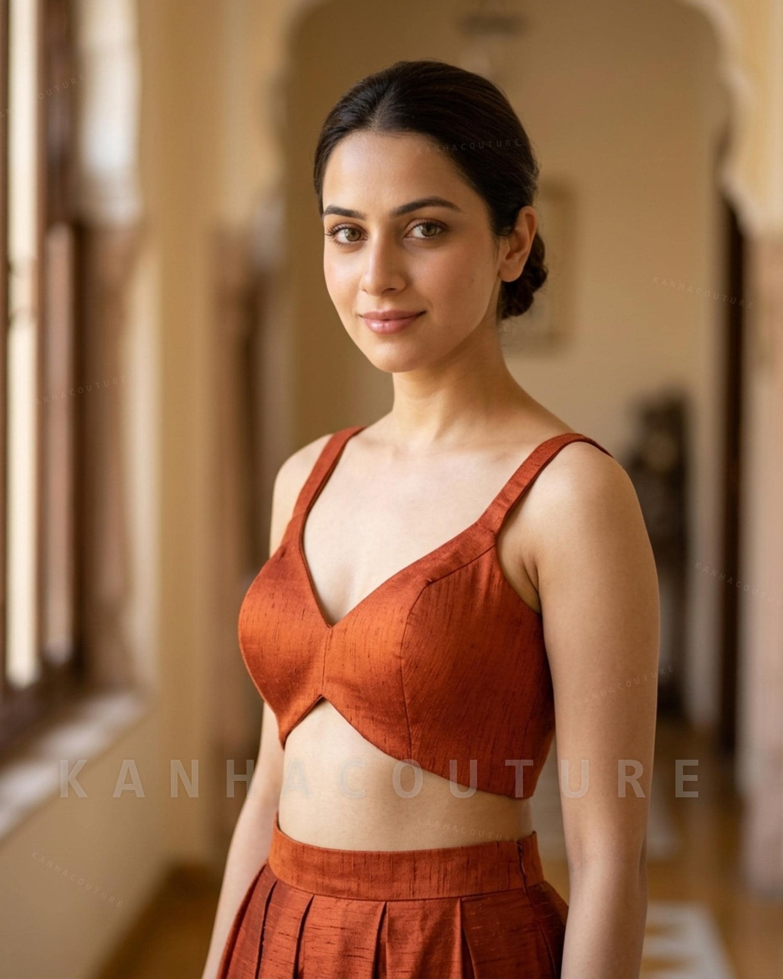 Rust Orange Raw Silk V Neck Blouse for Indian Wedding Festivities - Image 3