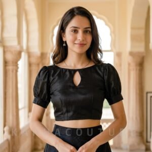 Custom Black Saree Blouse with Puff Sleeves & Keyhole Back