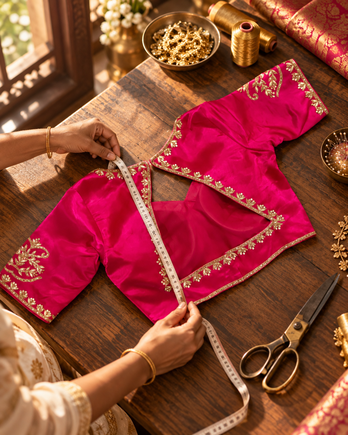 Measuring a custom-embroidered blouse before stitching