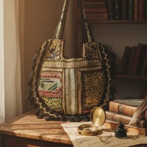 An intricately embroidered patchwork tote bag with tassels sits on a rustic wooden table next to vintage books and a brass compass.