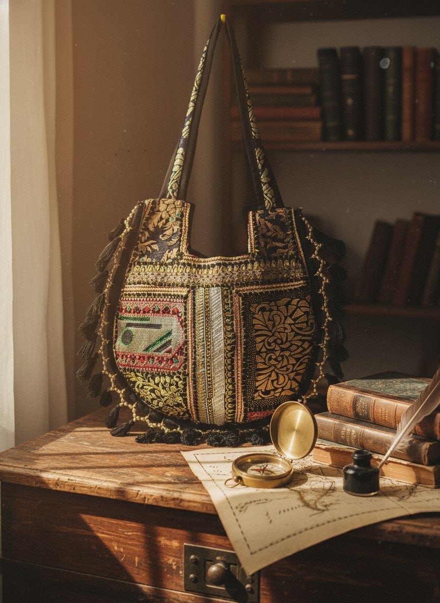 An intricately embroidered patchwork tote bag with tassels sits on a rustic wooden table next to vintage books and a brass compass.