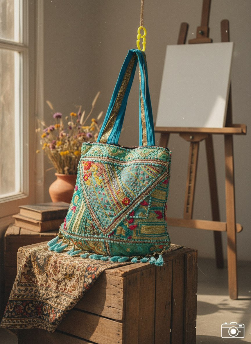 An intricately embroidered patchwork tote bag with tassels sits on a rustic wooden table next to vintage books and a brass compass.