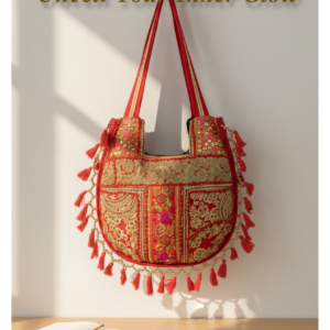 A beautiful red and gold embroidered ethnic tote bag with hanging tassels is displayed hanging against a white wall above a wooden table with a notebook and gold accessories.