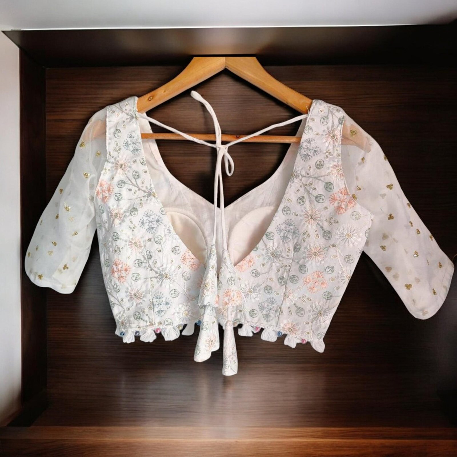 White Organza Embroidered Saree Blouse – Custom Made to Measure - Image 2