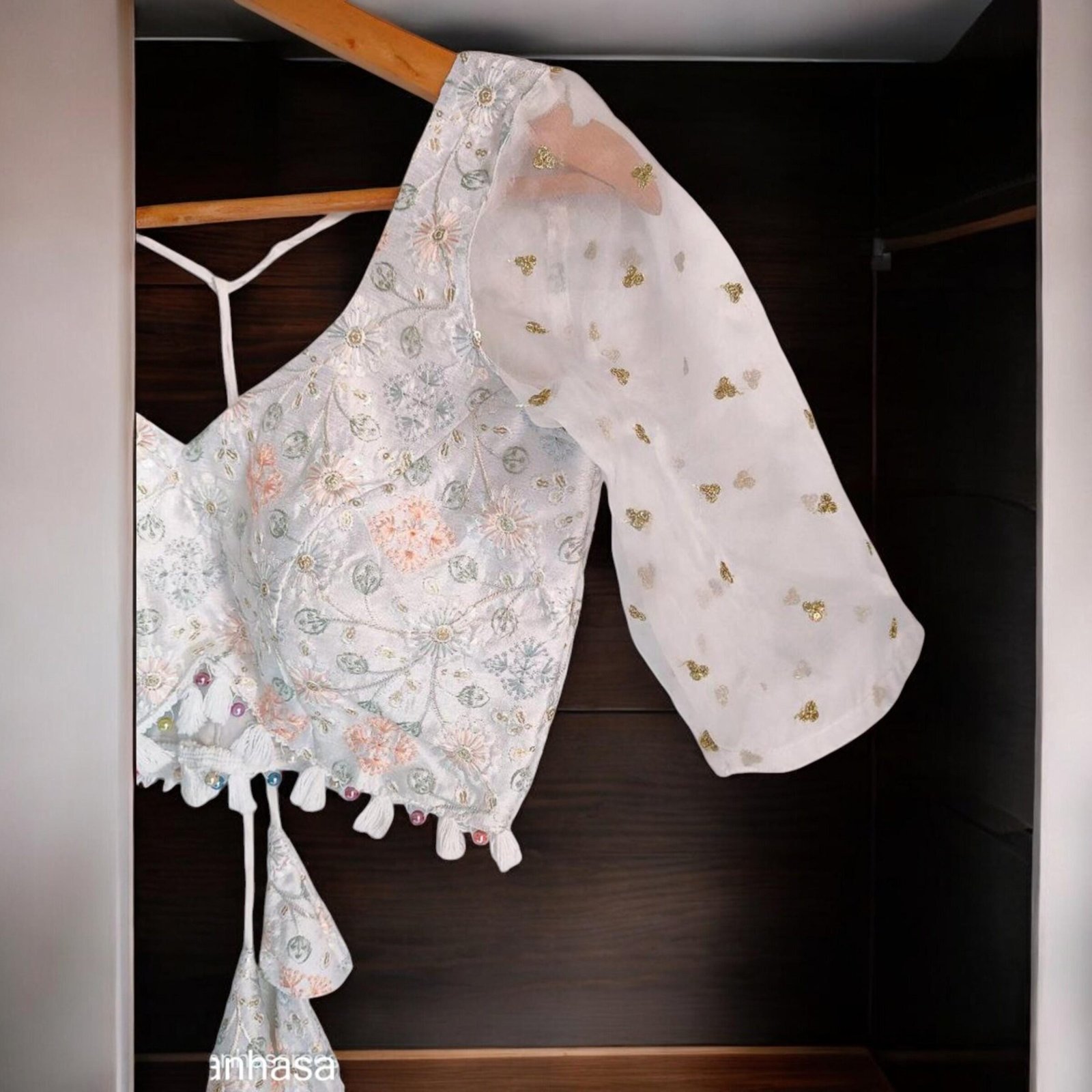 White Organza Embroidered Saree Blouse – Custom Made to Measure - Image 3