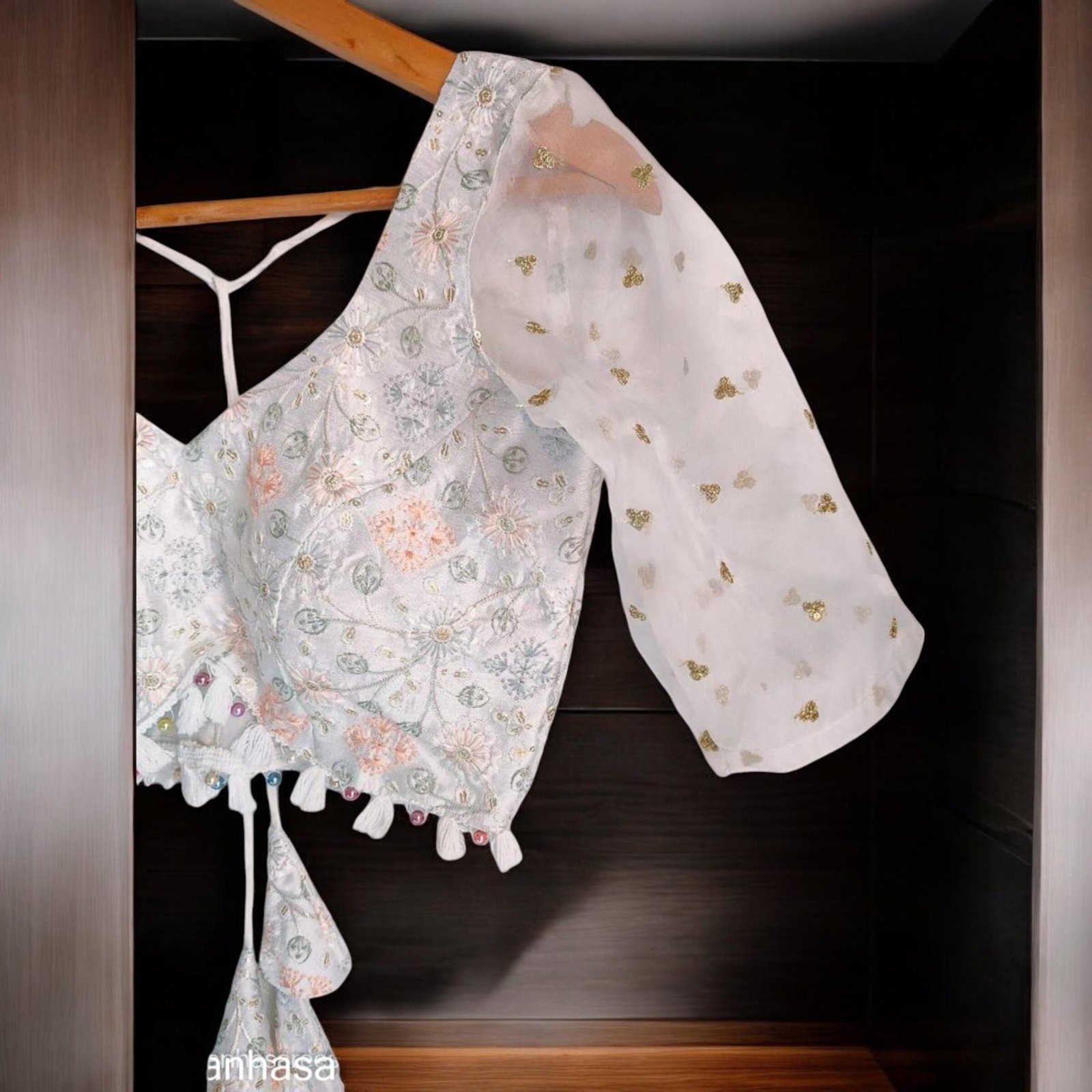 White Organza Embroidered Saree Blouse – Custom Made to Measure - Image 5