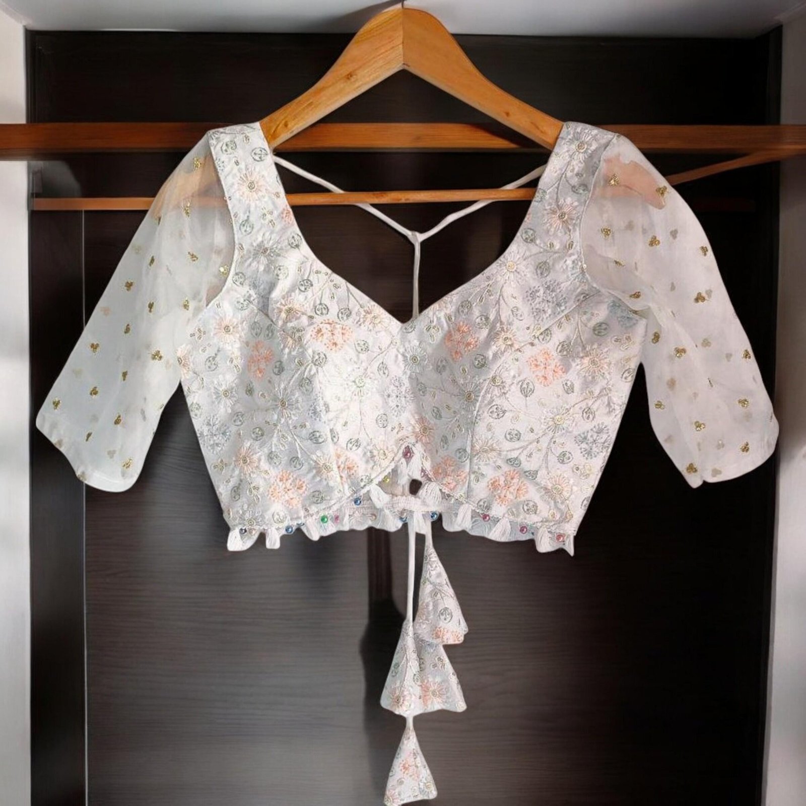 White Organza Embroidered Saree Blouse – Custom Made to Measure - Image 4
