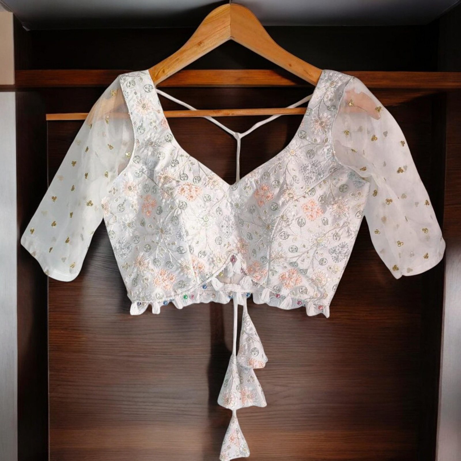 White Organza Embroidered Saree Blouse – Custom Made to Measure - Image 7
