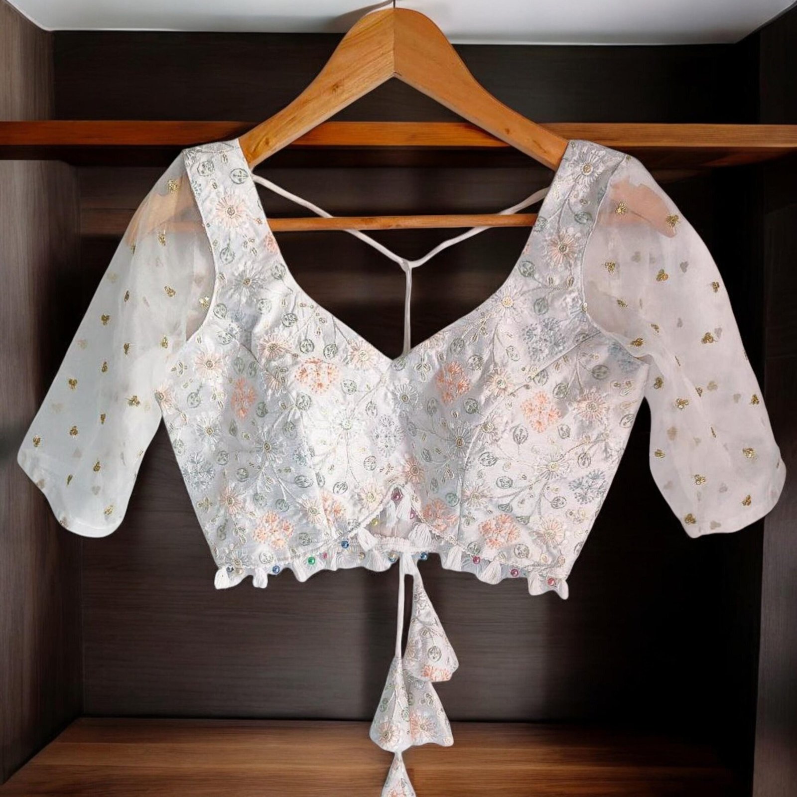 White Organza Embroidered Saree Blouse – Custom Made to Measure - Image 8