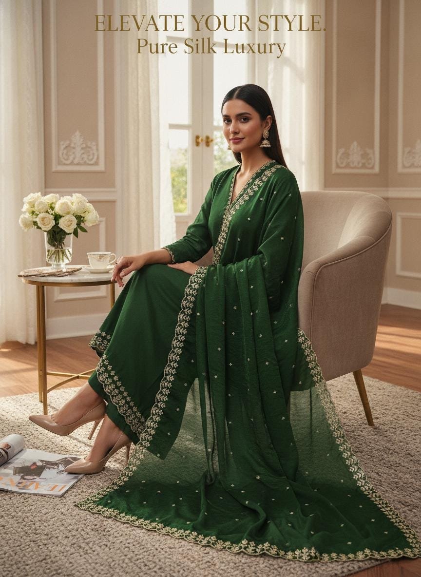 Emerald Organza Embroidered Lehenga Choli (Design 2) – Custom Made to Measure - Image 4