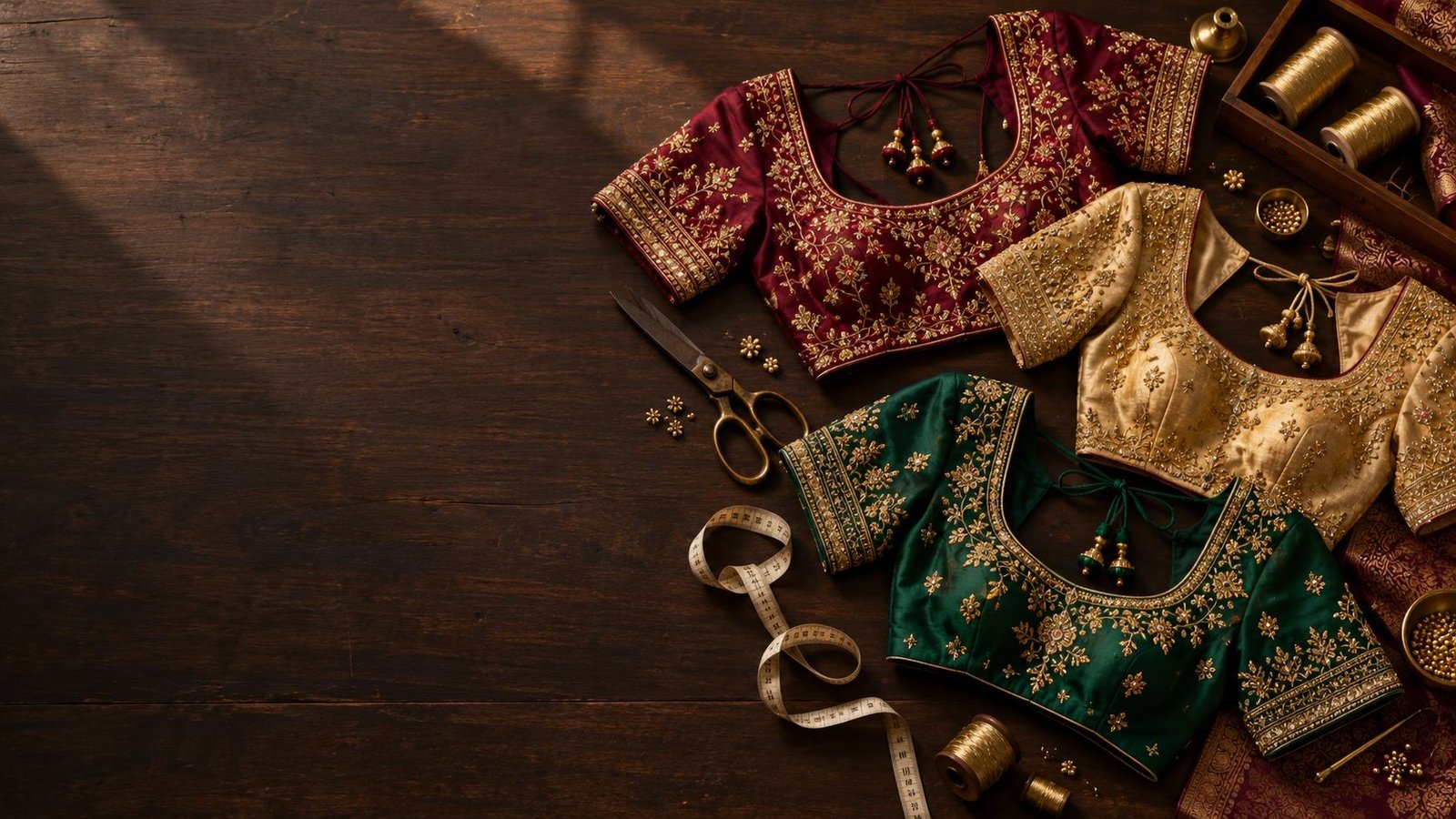 Embroidered designer blouses in maroon, gold and green